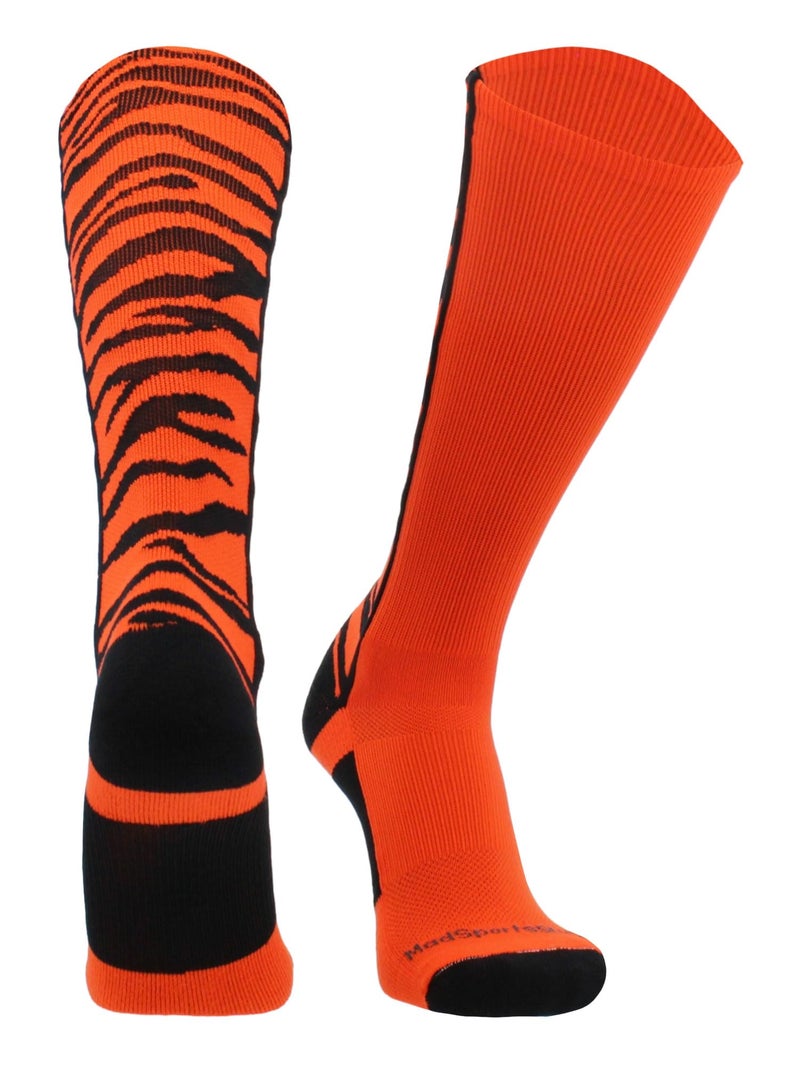 MadSportsStuff Crazy Socks with Safari Tiger Stripes Over the Calf Socks (Orange/Black, Small) - Image 1